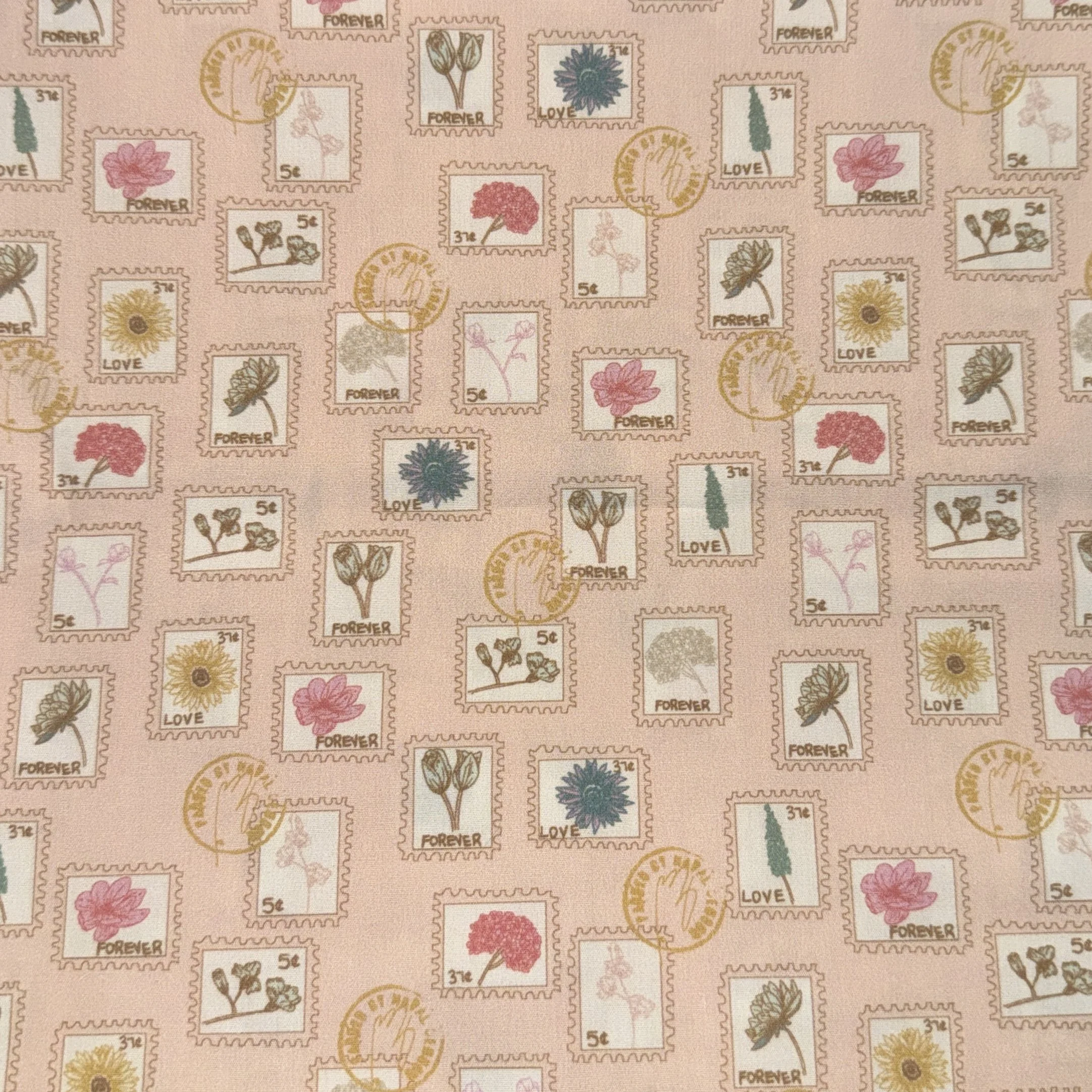 A pattern of postage stamps with various flowers and the words 'FOREVER', 'LOVE', and different values, all on a pink background.
