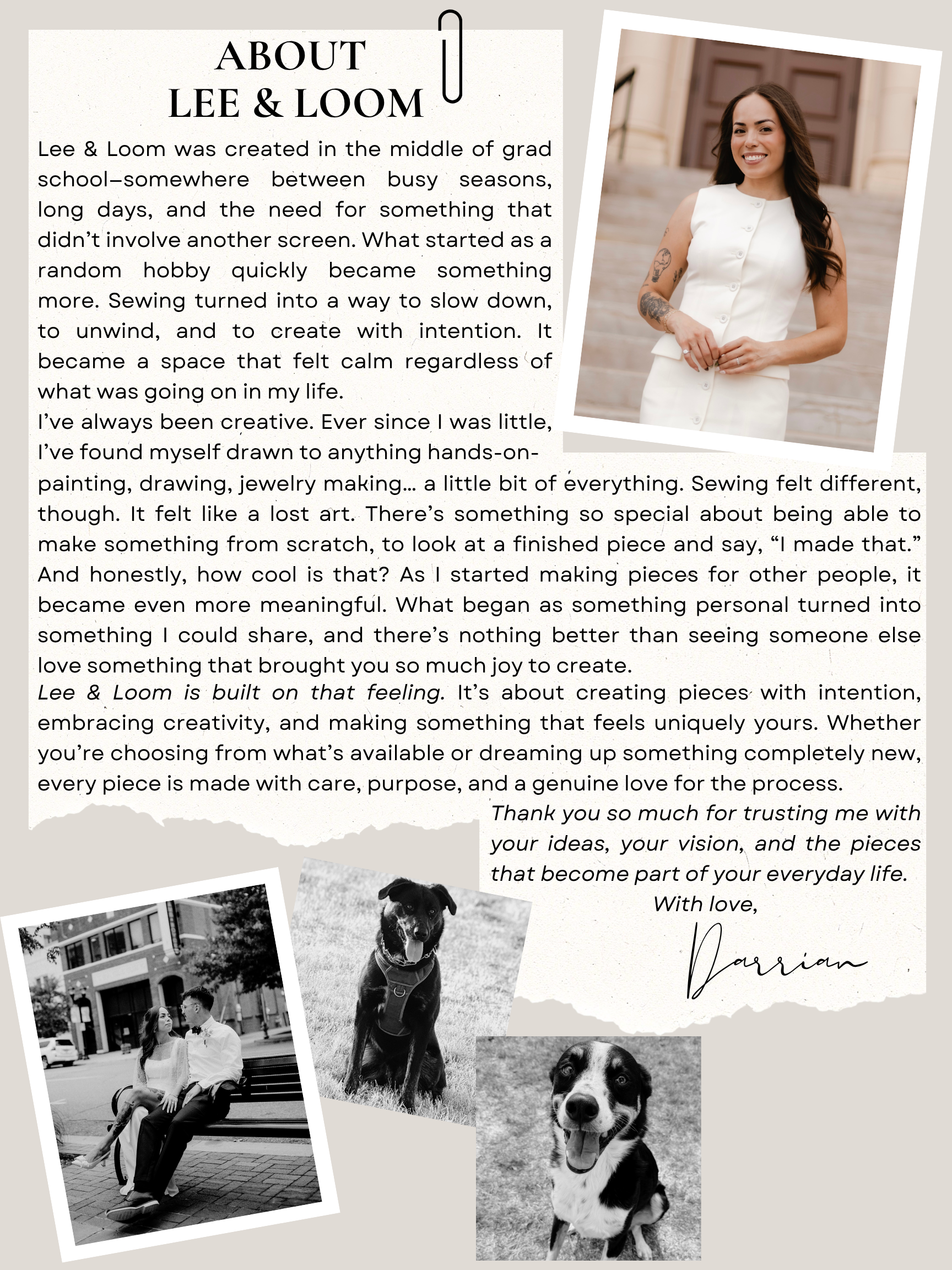 A graphic about Lee & Loom featuring a text section with personal story and three photographs: a woman smiling outdoors, two dogs, and a man and woman sitting on a park bench.