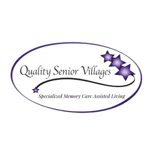 Logo for Quality Senior Villages featuring purple stars and the text 'Quality Senior Villages' and 'Specialized Memory Care Assisted Living'.