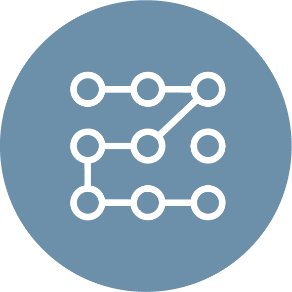 Icon of a network or graph with interconnected circles and lines on a blue background.