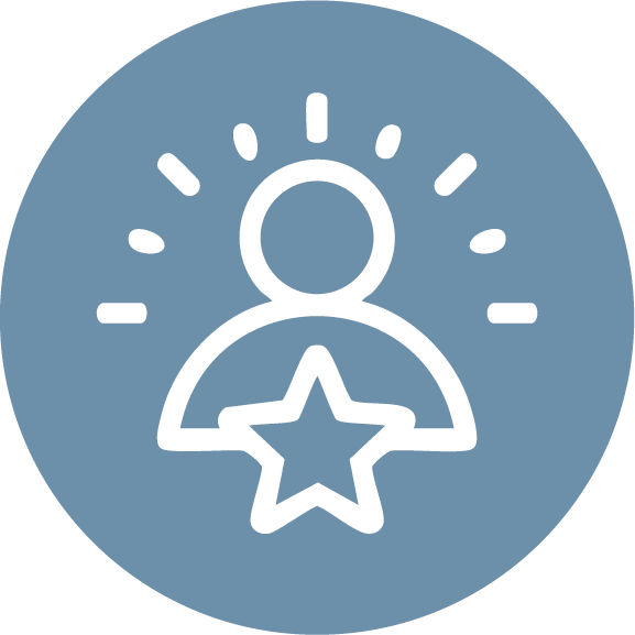 Icon of a person with a star, surrounded by lines indicating radiance or importance, on a blue background.
