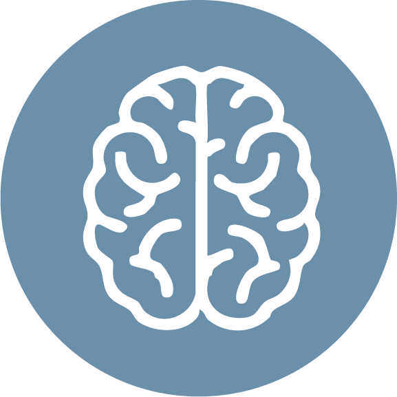 Icon of a human brain outline on a blue circular background. Overthinking, Cyclical thinking. Non-stop Anxiety