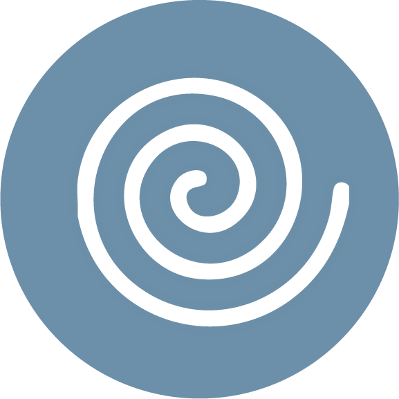 A white spiral line on a blue circular background. Cyclical Thinking, Repetitive Thoughts, Rumination