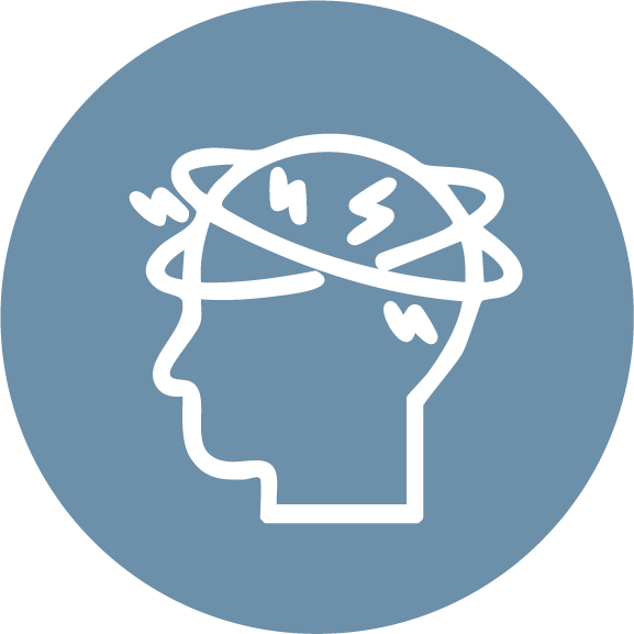 Illustration of a human head in profile with numbers 1, 2, 3 inside a swirling line above the head, representing thinking or mental process, on a blue circular background. You find yourself constantly trying to hold it together and feel overwhelmed.