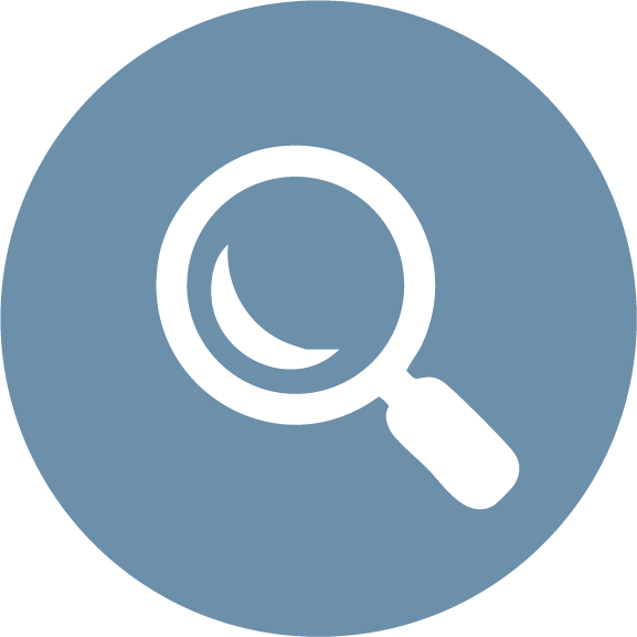 Magnifying glass icon with a crescent moon inside, on a blue circular background.
