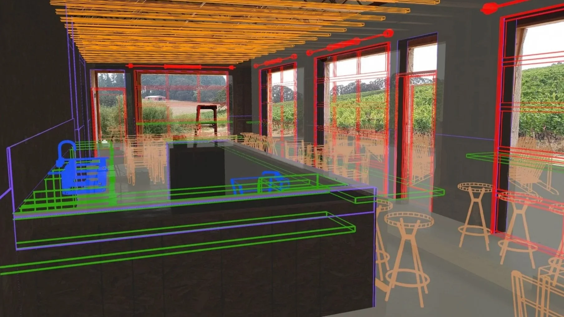 3D building model, as seen through an augmented reality (AR) headset. AR helped the team prevent issues during construction.
