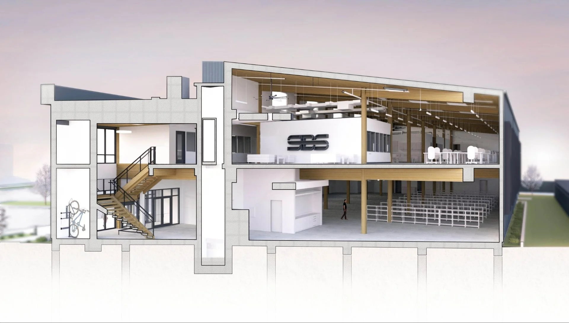 The building is constructed with a mix of glue-laminated timber and traditional timber framing techniques.