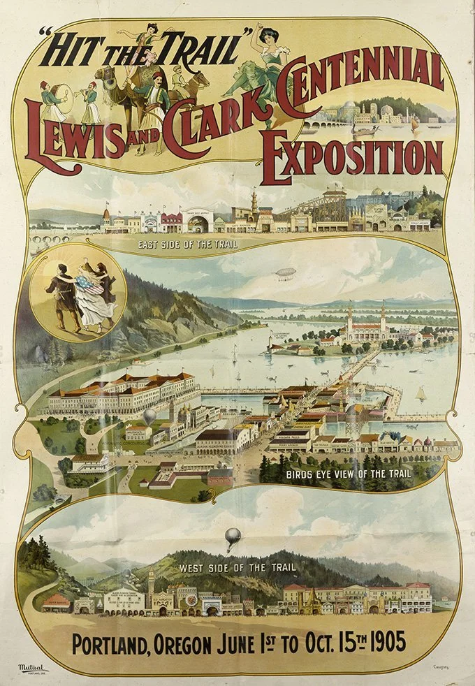 Poster for the 1905 Lewis and Clark Centennial Exposition. The Accretech building is located on the former site of the Expo's Japanese Village. Source: OHS Research Library
