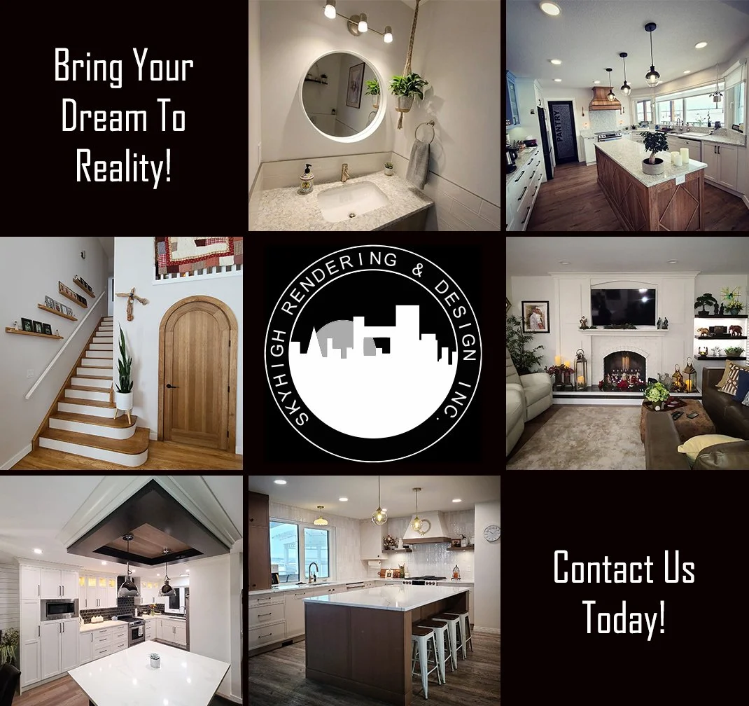 Collage of home interior photographs including a bathroom, kitchen, living room, staircase, and a logo for Skyhigh Rendering & Design Inc with the text "Bring Your Dream To Reality!" and "Contact Us Today!"