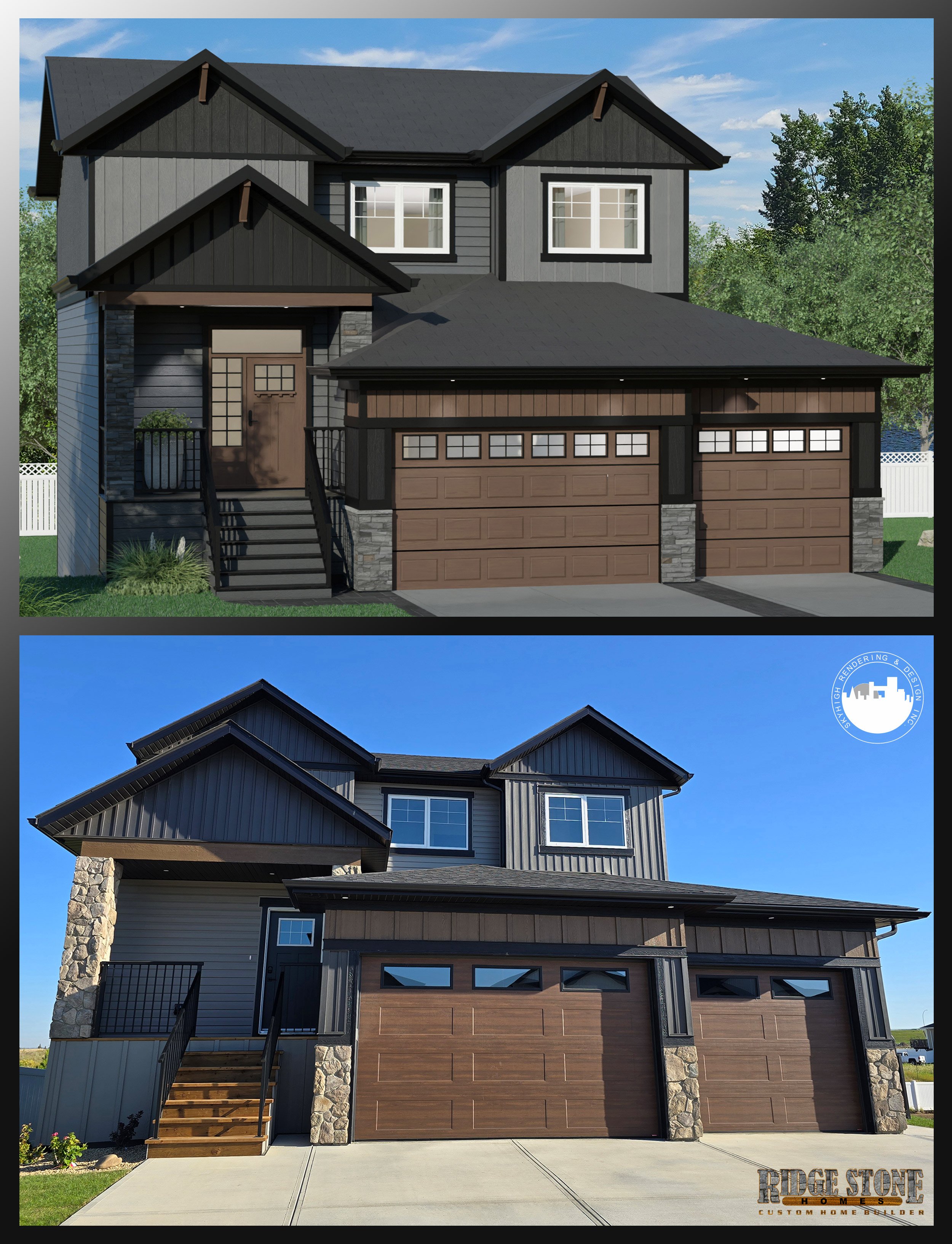Comparison of two modern two-story houses with attached garages, showcasing different exterior designs and finishes, including various types of siding, stone accents, and garage door styles.