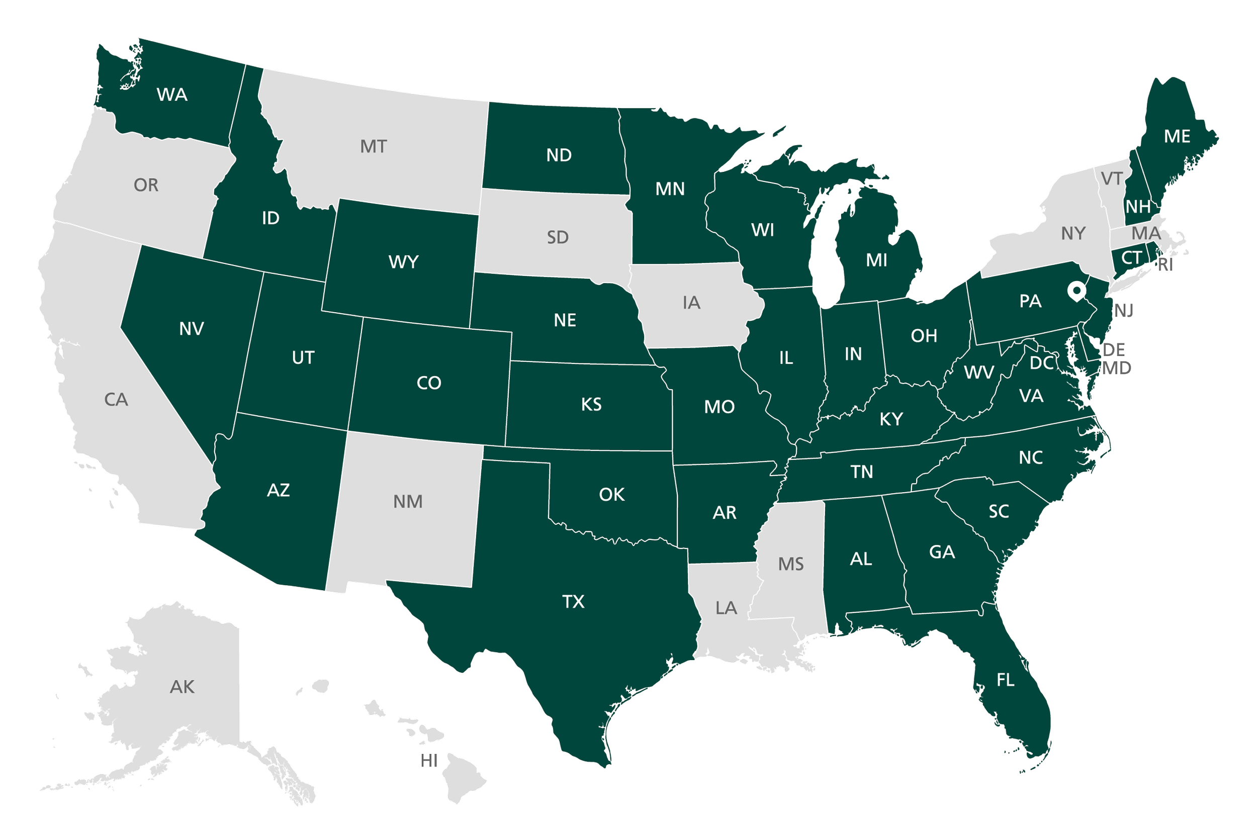 US Map showing CAWEW's available states for Telehealth
