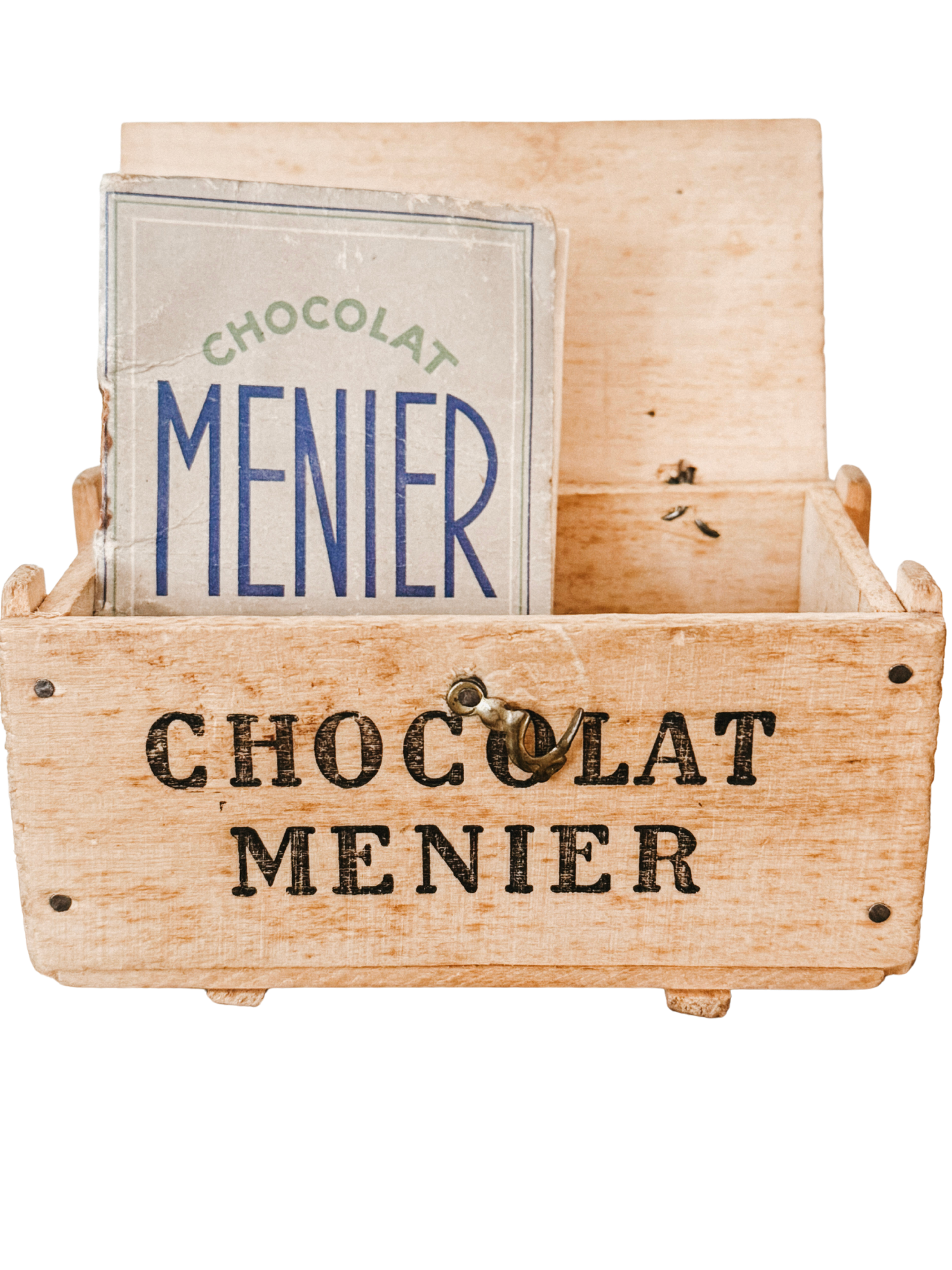 French Chocolat Menier Wooden Box with 1937 Almanac