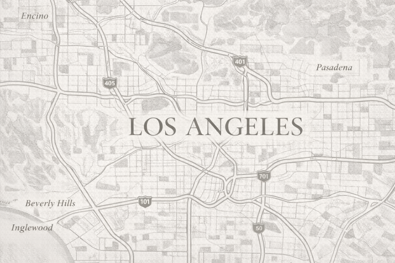 Gray map of Los Angeles showing major highways and neighborhoods including Encino, Pasadena, Beverly Hills, and Inglewood.