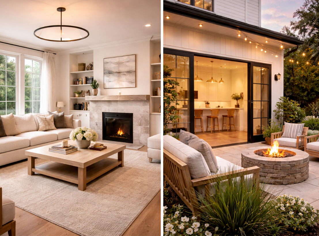 Split view of an indoor living room and an outdoor patio area. The living room features a large white sectional sofa, a beige stone fireplace, built-in shelves, and a modern circular chandelier. The outdoor patio shows a fire pit, cushioned wooden chairs, string lights, and a view of a house interior through sliding glass doors.