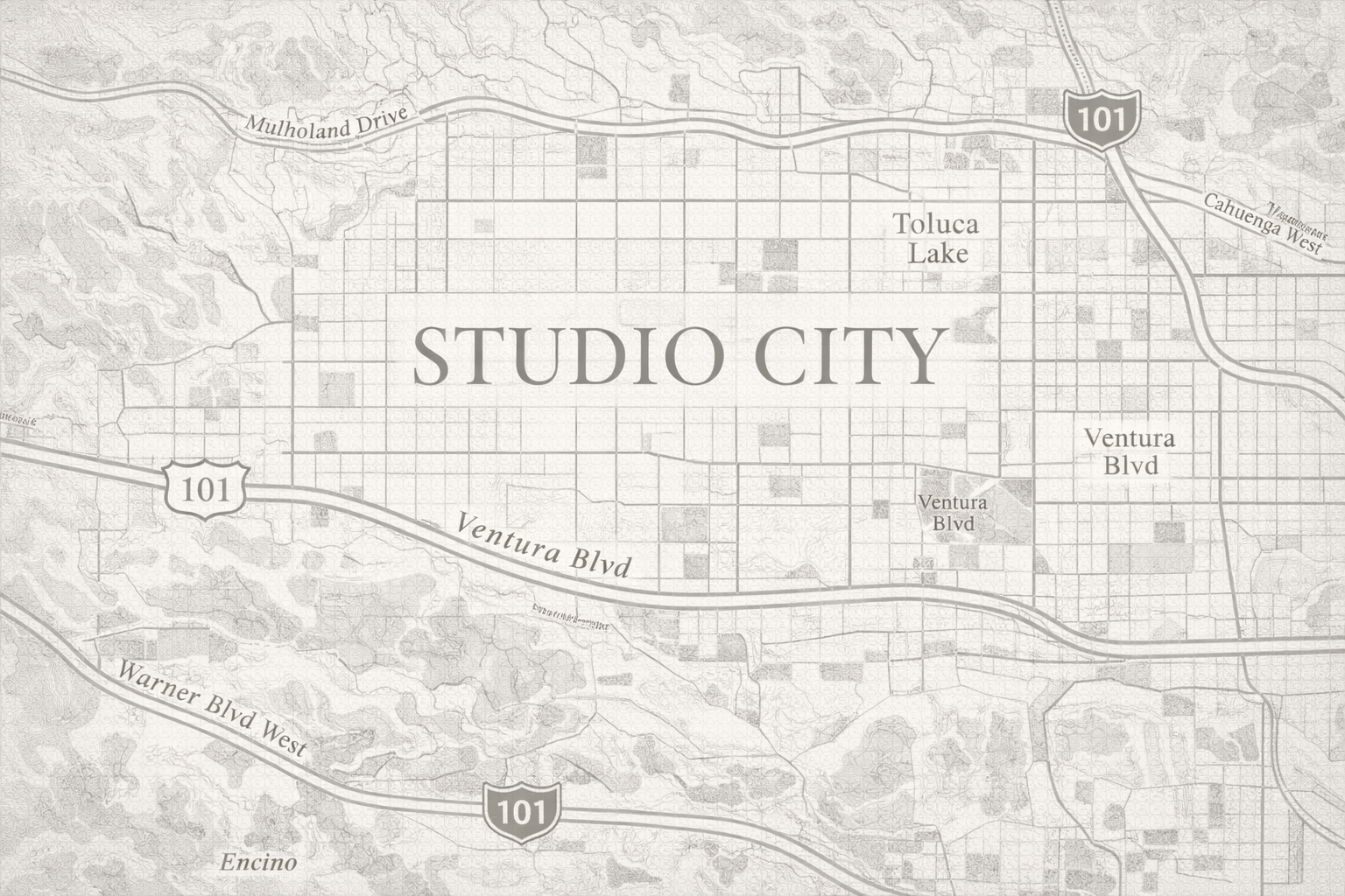 Map of Studio City, California, showing major streets like Ventura Blvd, Mulholland Drive, Warner Blvd West, and landmarks such as Toluca Lake and Encino.