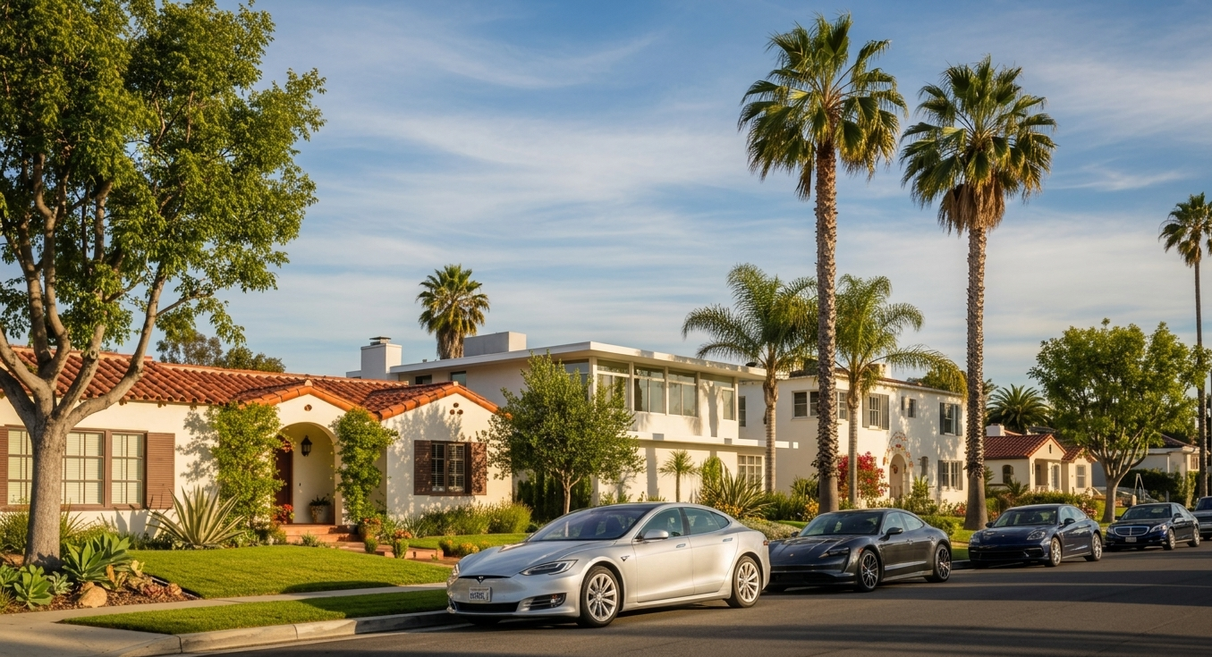 A neighborhood street with single-family homes, palm trees, and parked cars on a sunny day.