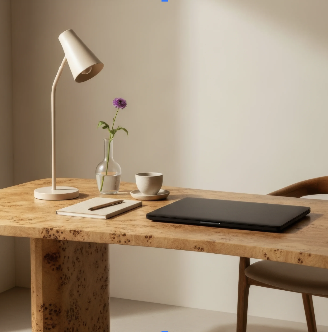 Wooden desk with a modern white desk lamp, a small vase with a purple flower, a white cup and saucer, a closed black laptop, a notebook, and a pen. A part of a wooden chair with a light brown cushion is visible.