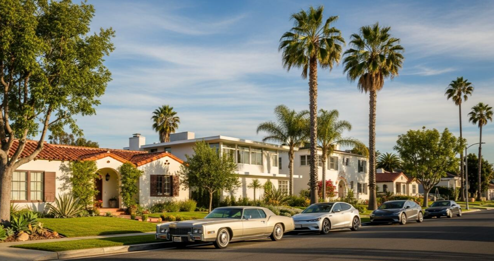 Street view in a neighborhood with palm trees, residential houses, and parked cars under a blue sky.