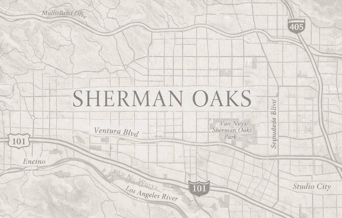 A grayscale map of Sherman Oaks, California, showing streets, the Los Angeles River, and nearby neighborhoods like Encino and Studio City with some labels for roads and parks.