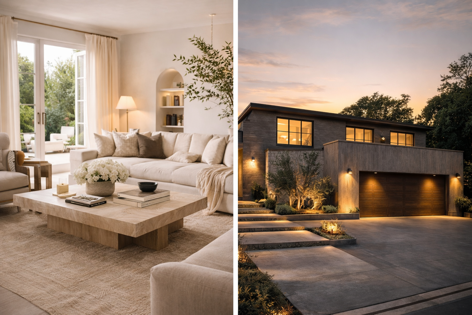 Split image showing a cozy living room with beige furniture and large windows on the left, and a modern house exterior illuminated at dusk on the right.