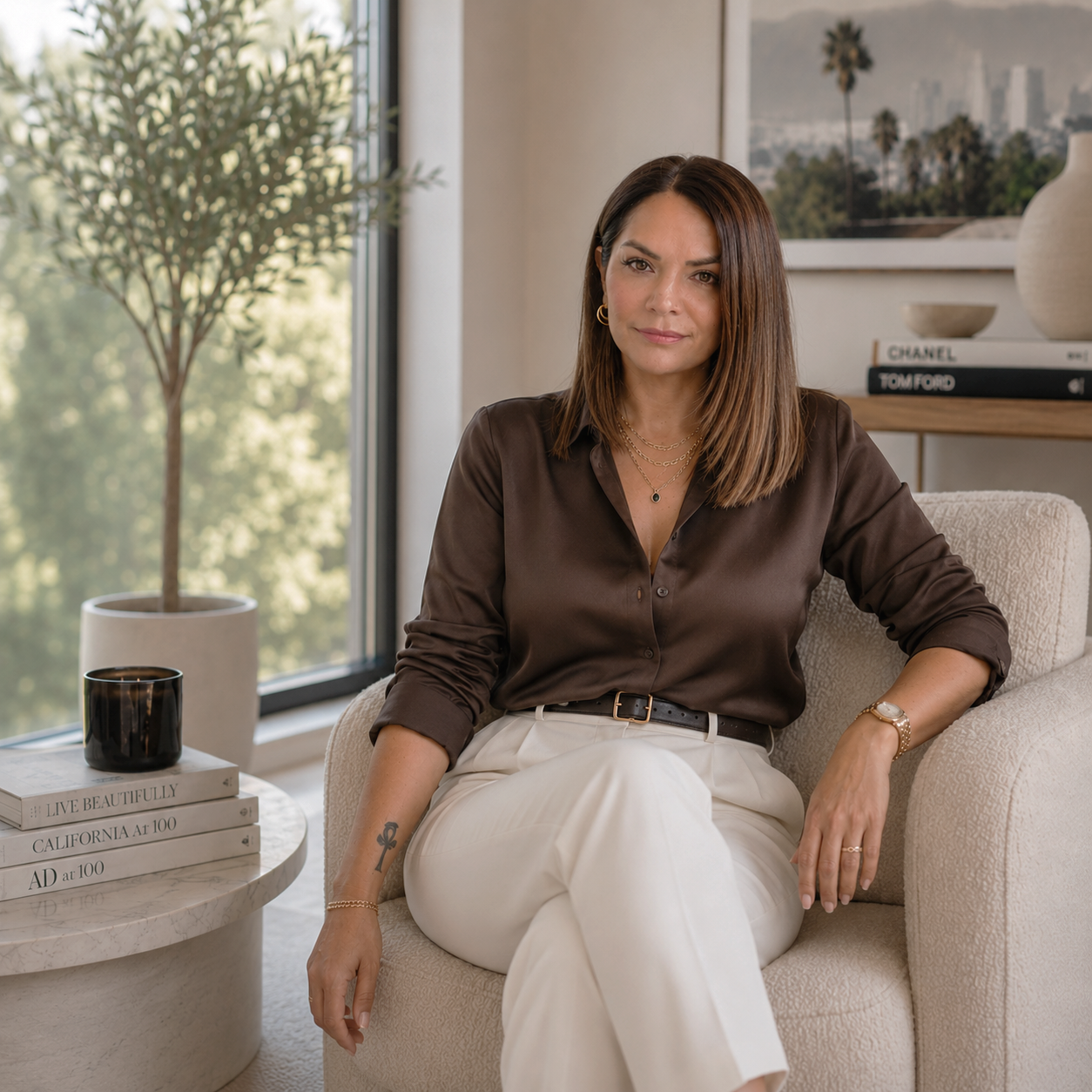 A woman with shoulder-length brown hair, wearing a dark brown silk blouse and white pants, sitting on a beige armchair in a well-lit room with large windows and a cityscape view. She has layered gold necklaces and a watch, with a small tattoo of an ankh on her wrist. A side table with books and decorative items is next to her.
