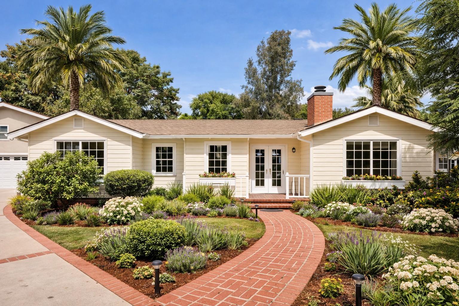 A white single-story house with a brown shingle roof, surrounded by a well-maintained garden with flowering plants, bushes, and palm trees, with a curved brick pathway leading to the front door under a clear blue sky.