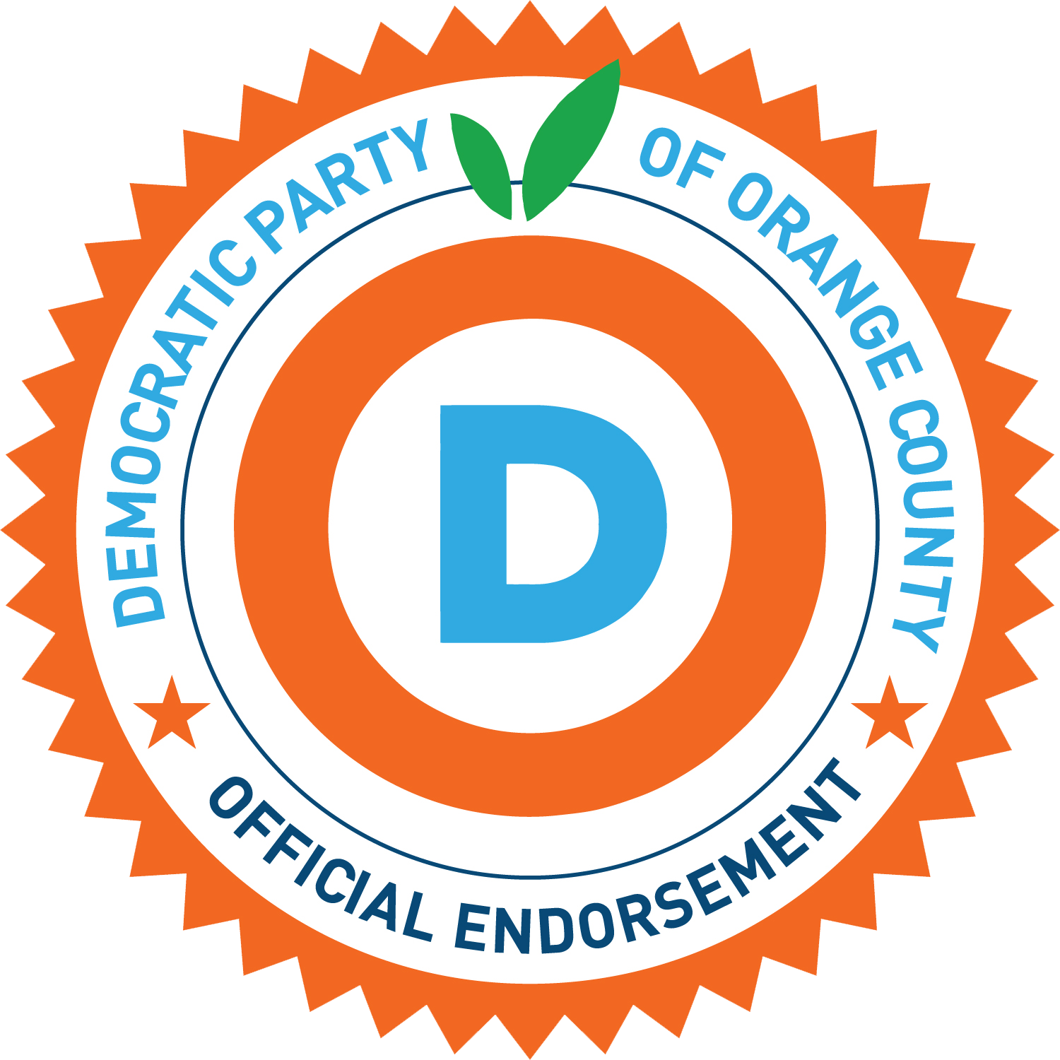 Seal of approval with a large blue letter 'D' in the center, surrounded by orange and white circles, green leaves at the top, and the text 'Democratic Party of Oregon', 'Official Endorsement' around the circle.