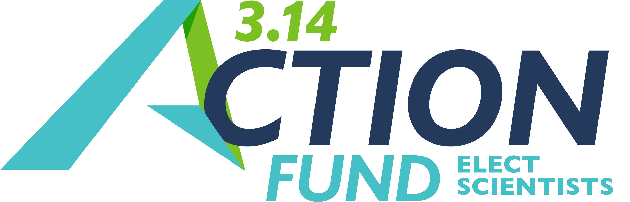 Logo for the ACTION Fund with the tagline "Elect Scientists"; features stylized geometric shapes and the text '3.14' resembling a pie or circle.