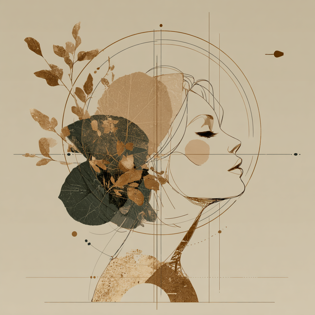 Digital artwork of a woman's side profile with closed eyes, artist's face with abstract and geometric elements, leaves, and natural textures in neutral tones.