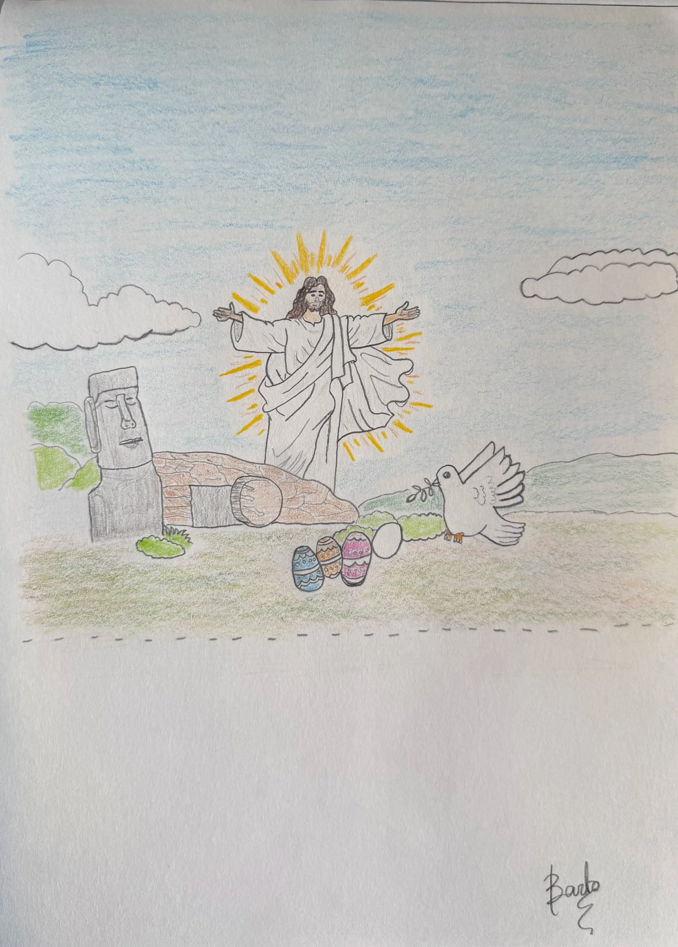 Drawing of Jesus Christ with arms outstretched, glowing with a yellow halo, standing behind Easter eggs and a dove, with Moai statue and hills in the background.