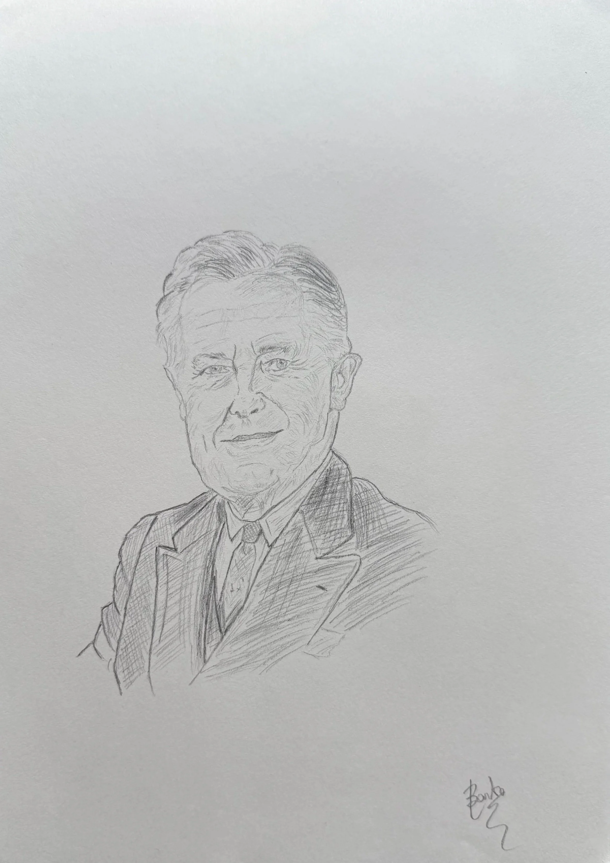 A pencil sketch of a man with neatly combed hair, wearing a suit and tie, smiling slightly.