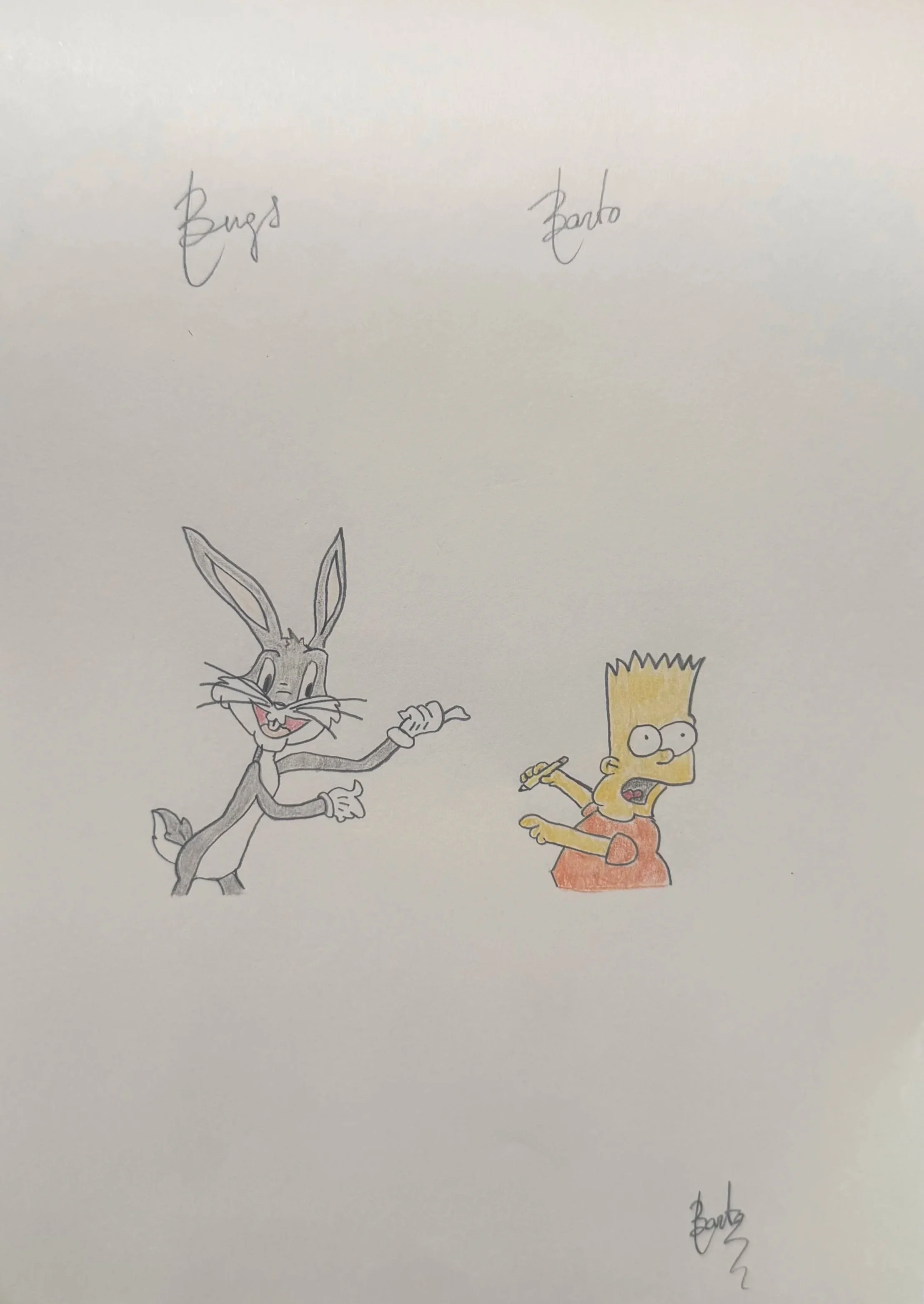 Hand-drawn colored picture of Bugs Bunny and Lisa Simpson. Bugs Bunny is gray with large ears, and is smiling with one hand pointing to Lisa. Lisa Simpson is yellow with spiky hair, wearing an orange dress, holding a pencil, and appears to be surprised or shocked.