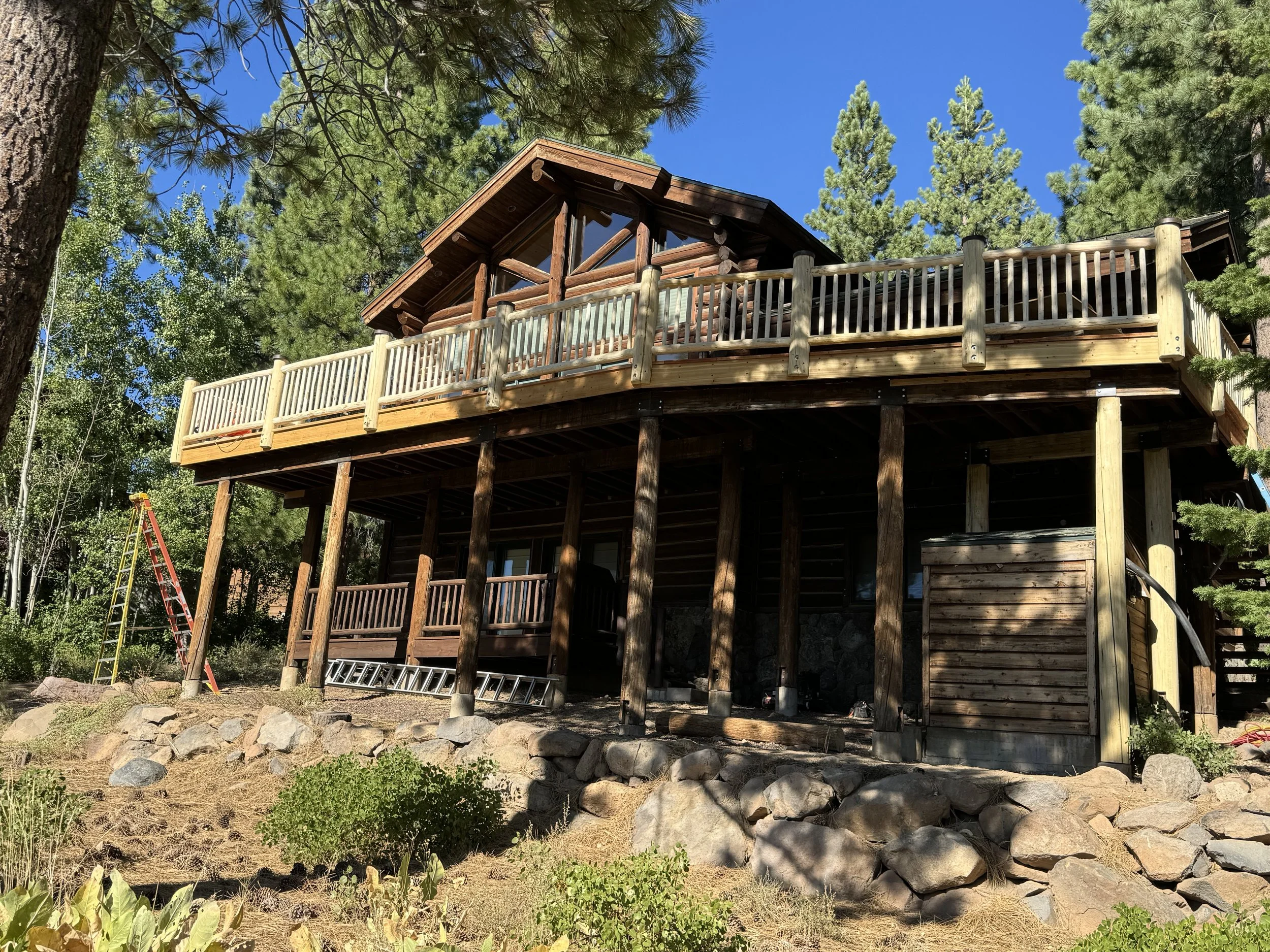 A multi-level wooden house elevated on stilts, surrounded by tall pine trees and blue sky.