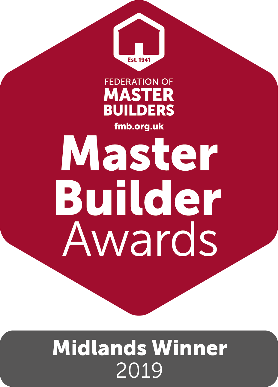 A red octagonal badge with white text featuring a house icon and the logo of the Federation of Master Builders. The badge reads "Master Builder Awards" and includes the website "fmb.org.uk". A gray section at the bottom states "Midlands Winner 2019."
