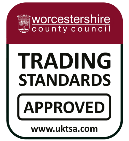 Worcestershire County Council sign indicating approved trading standards, with a website URL www.uktsa.com
