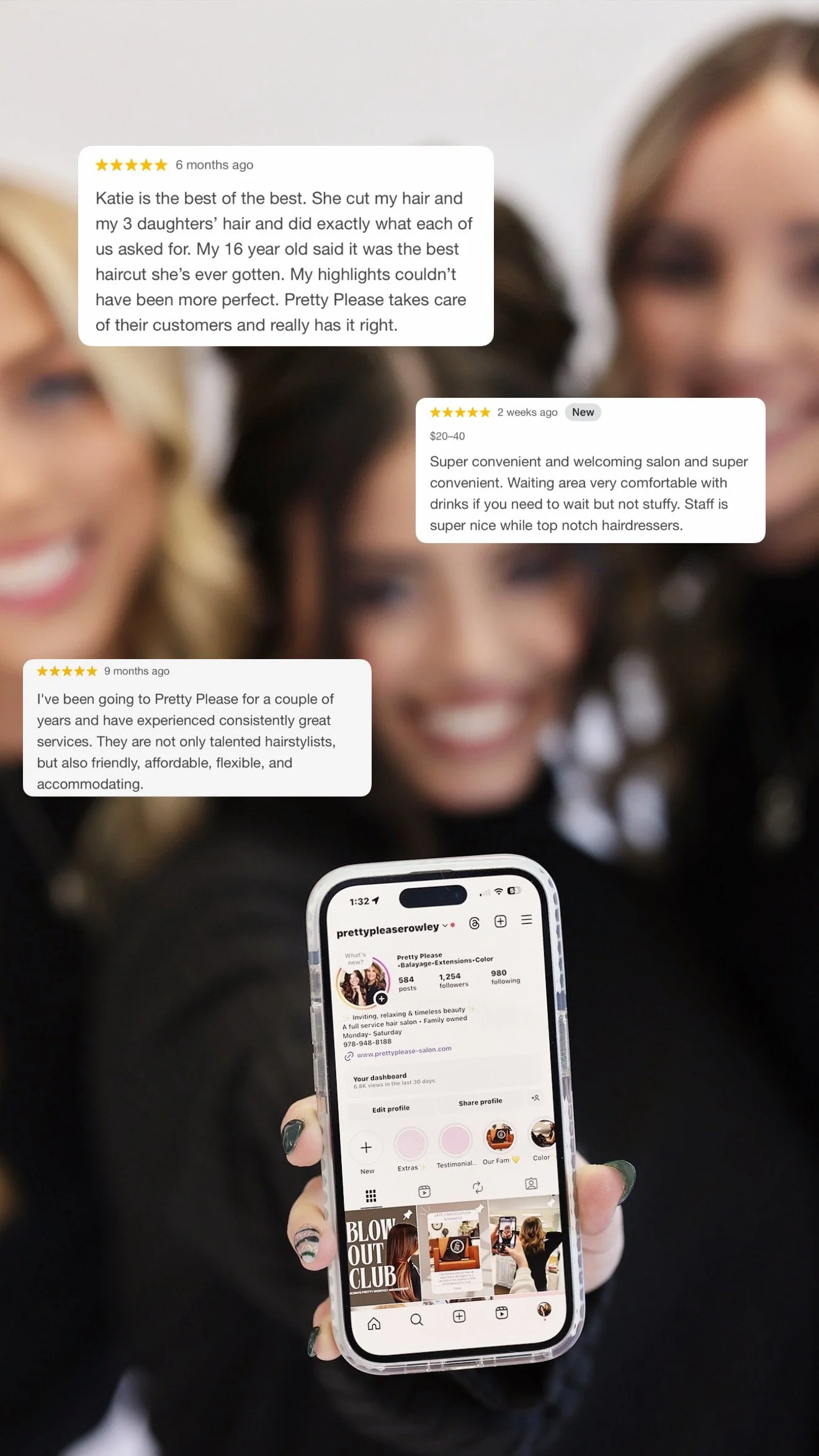 A person holding a smartphone displaying an Instagram profile for Pretty Please salon, with four customer reviews floating in the background with blurred faces of smiling women.
