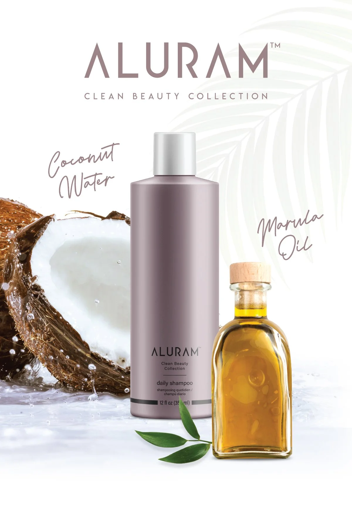 A digital advertisement featuring Aluram Clean Beauty Collection products. It includes a bottle of daily shampoo, a small bottle of marula oil, a halved coconut, and some green leaves, emphasizing coconut water and marula oil ingredients.