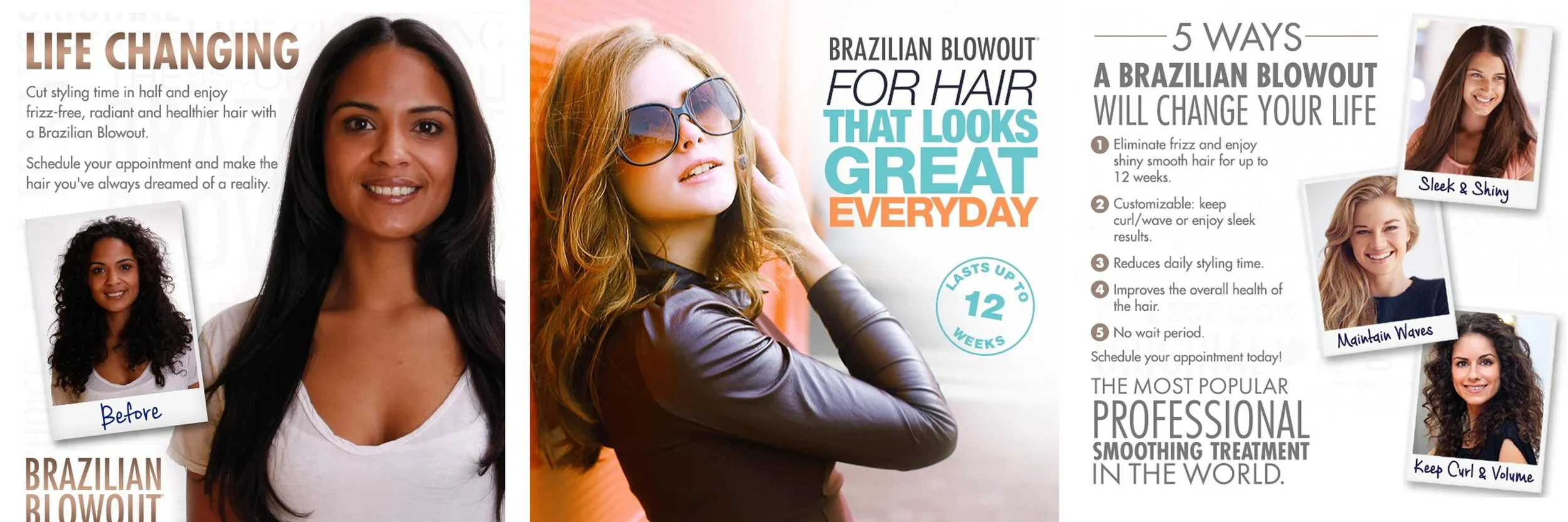 Advertisement promoting Brazilian Blowout for hair styling with before and after photos of women with curly and straight hair, emphasizing life-changing results, ease of styling, and health benefits.