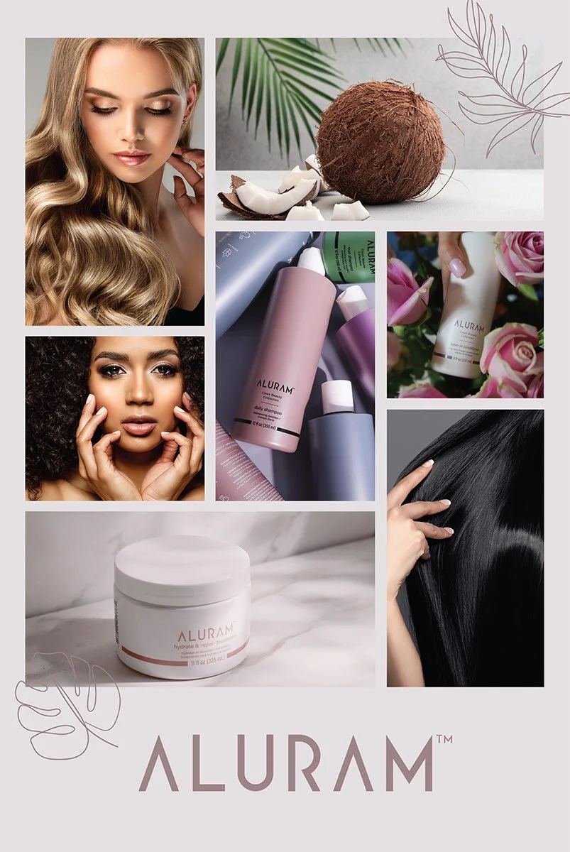 Collage of images featuring hair care products and models with different hair types, including blonde, African American with curly hair, and black straight hair. Items include bottles of Aluram shampoo and conditioner, a jar of hair mask, a coconut, and pink roses.