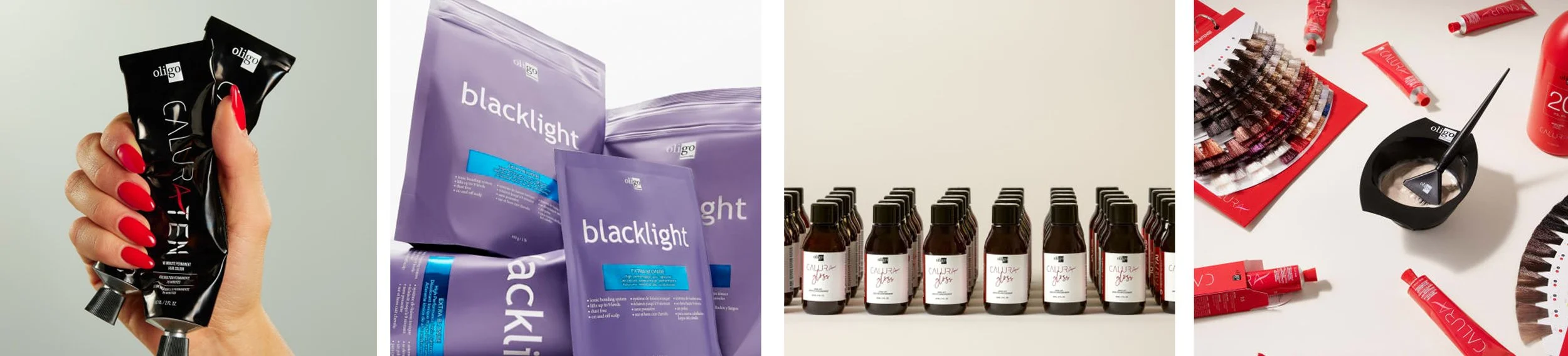 Collection of beauty and hair dye products, including a hand with red painted nails holding a black container, purple packages labeled 'blacklight,' several bottles of hair dye, and various hair coloring supplies.