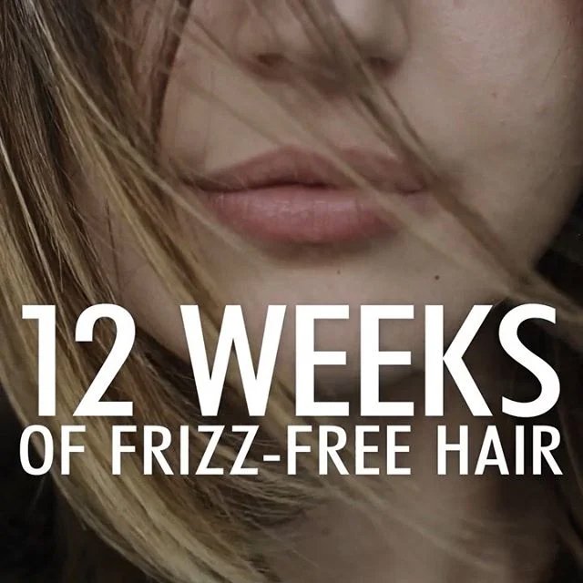 Close-up of a woman's face with text overlay reading "12 WEEKS OF FRIZZ-FREE HAIR".