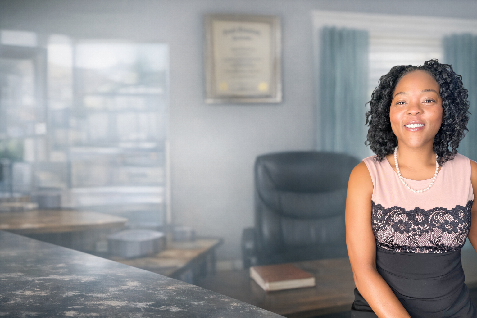 lawyer sitting on her desk in office welcoming.