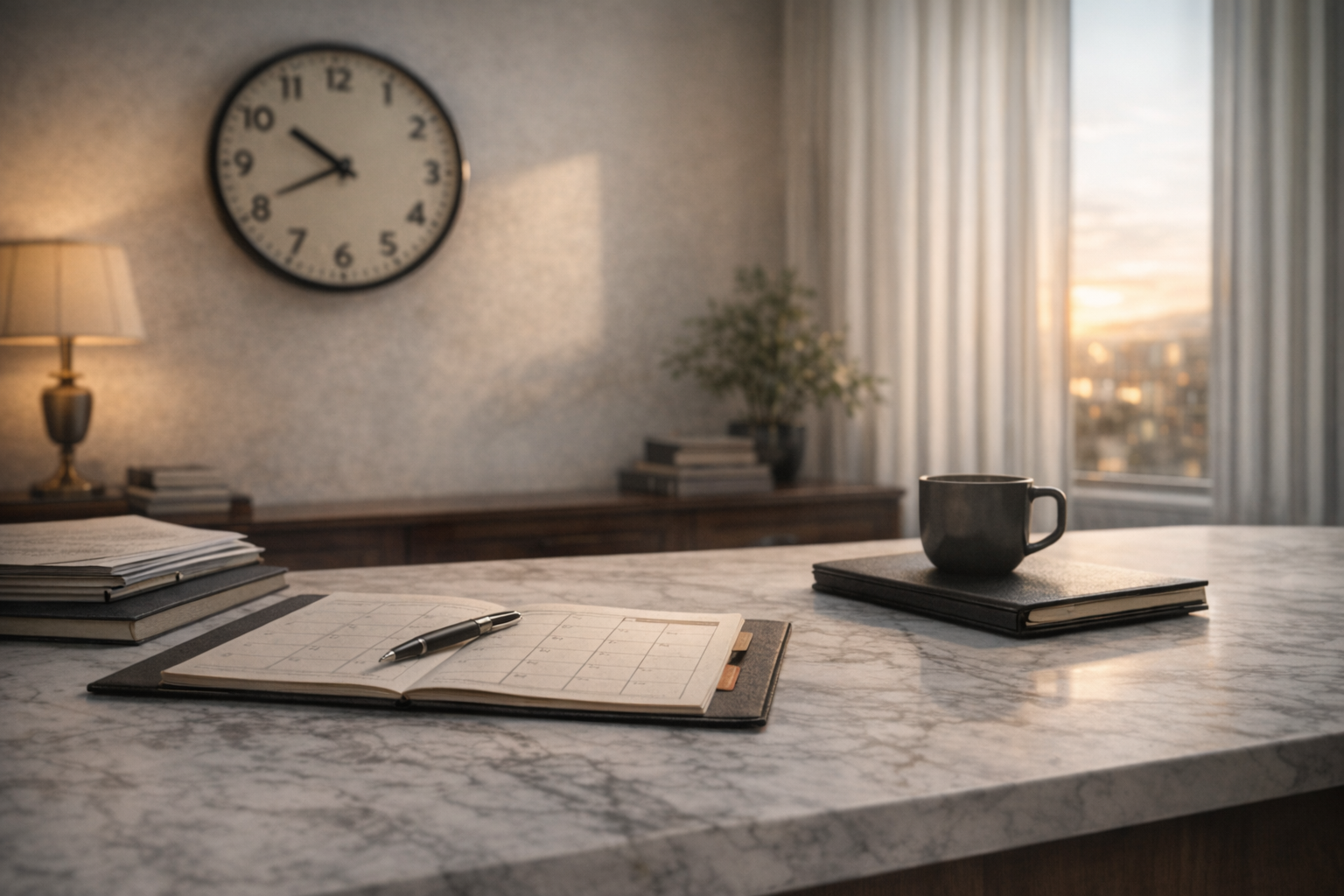 planning area with a marble top desk, with a planner and pen on top of the desk. Showing a clock on the wall.