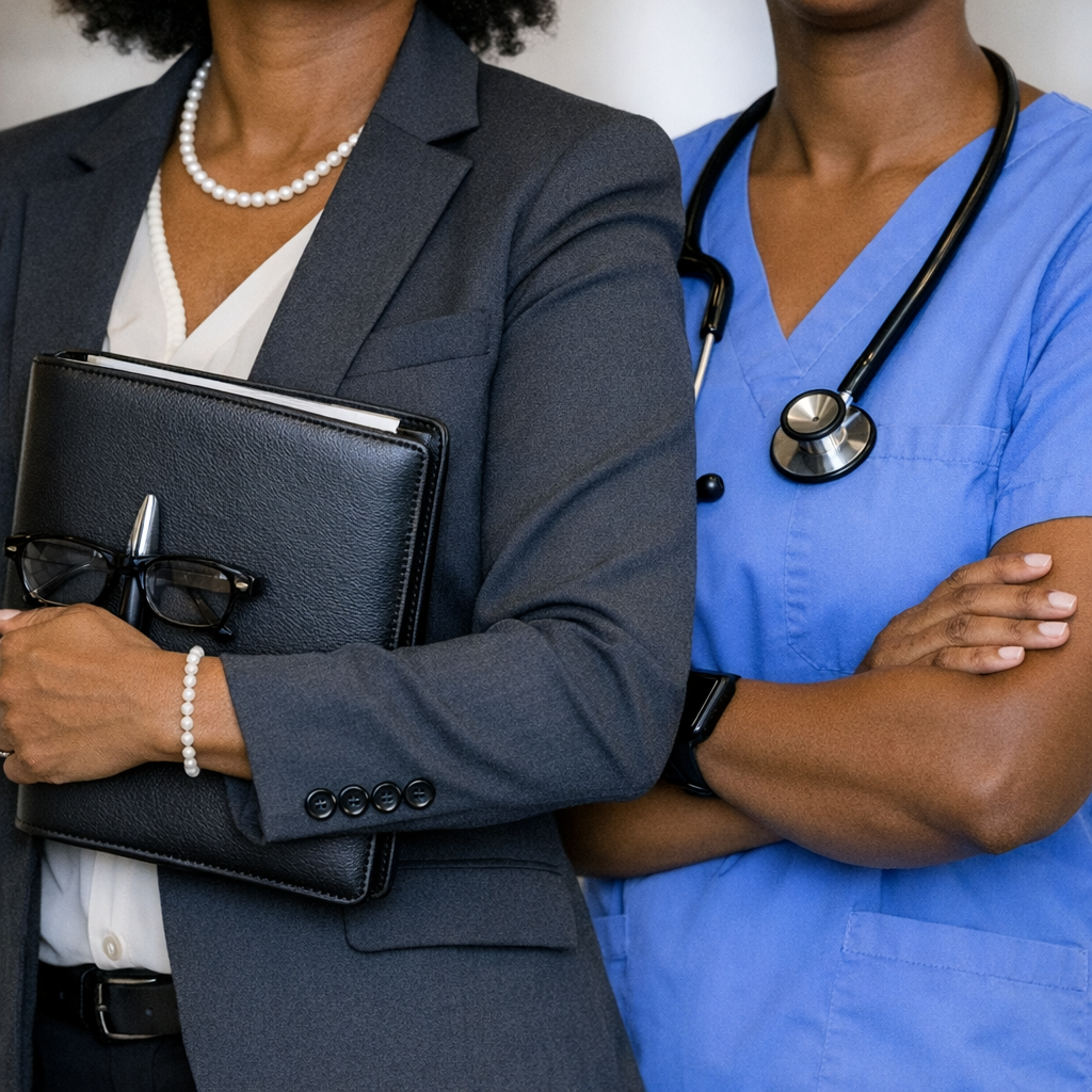 image of a legal counsel and healthcare professional standing side-by-side.