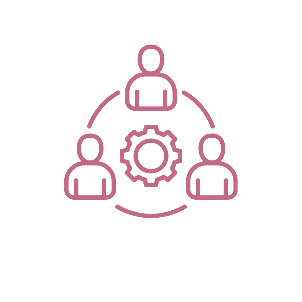 three people images in a circular shape with an operation wheel in the middle.