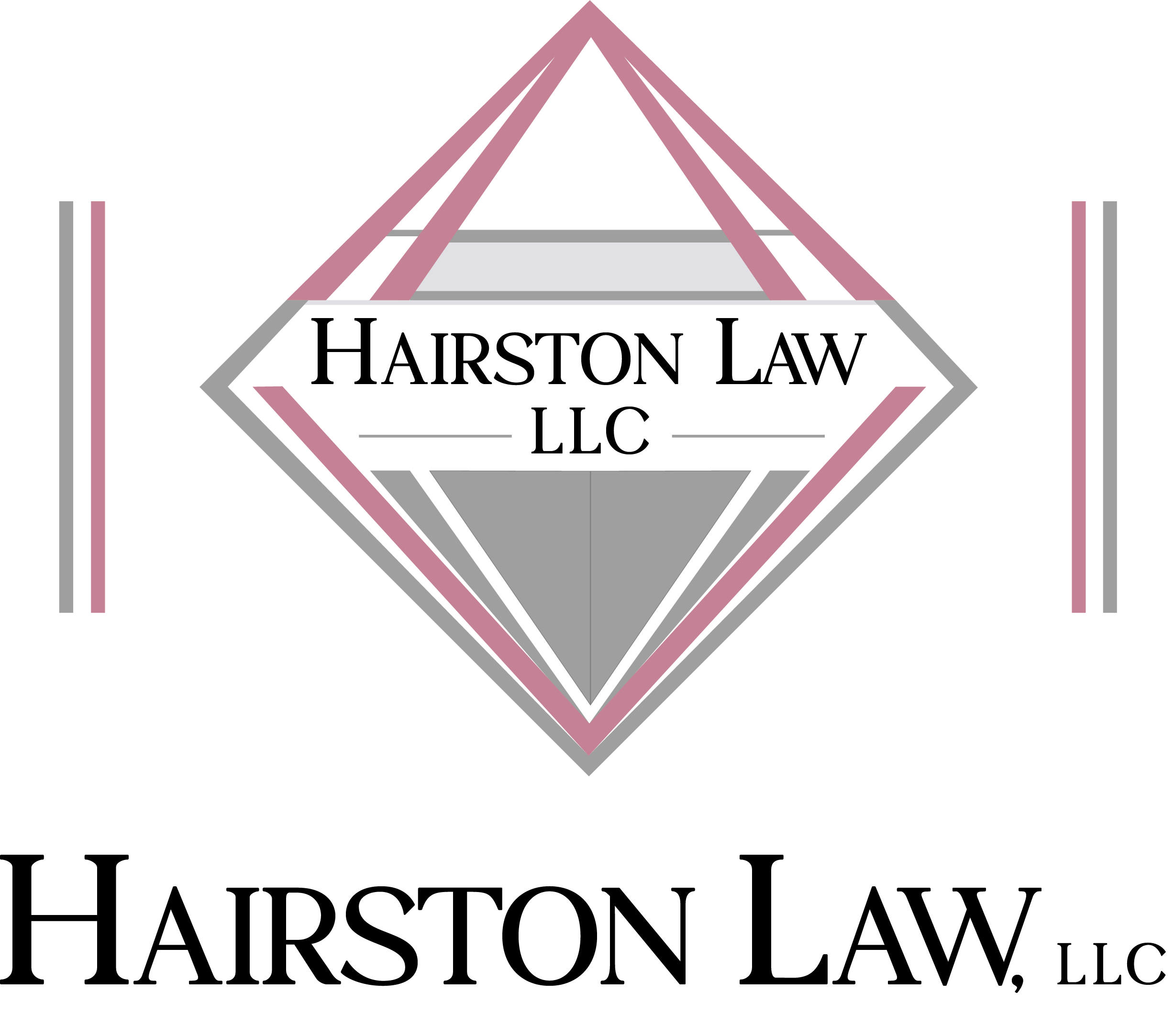 Hairston Law Logo - 3D pink and silver diamond with Hairston Law in the center, and two horizontal lines on each side. Lines are silver and pink.