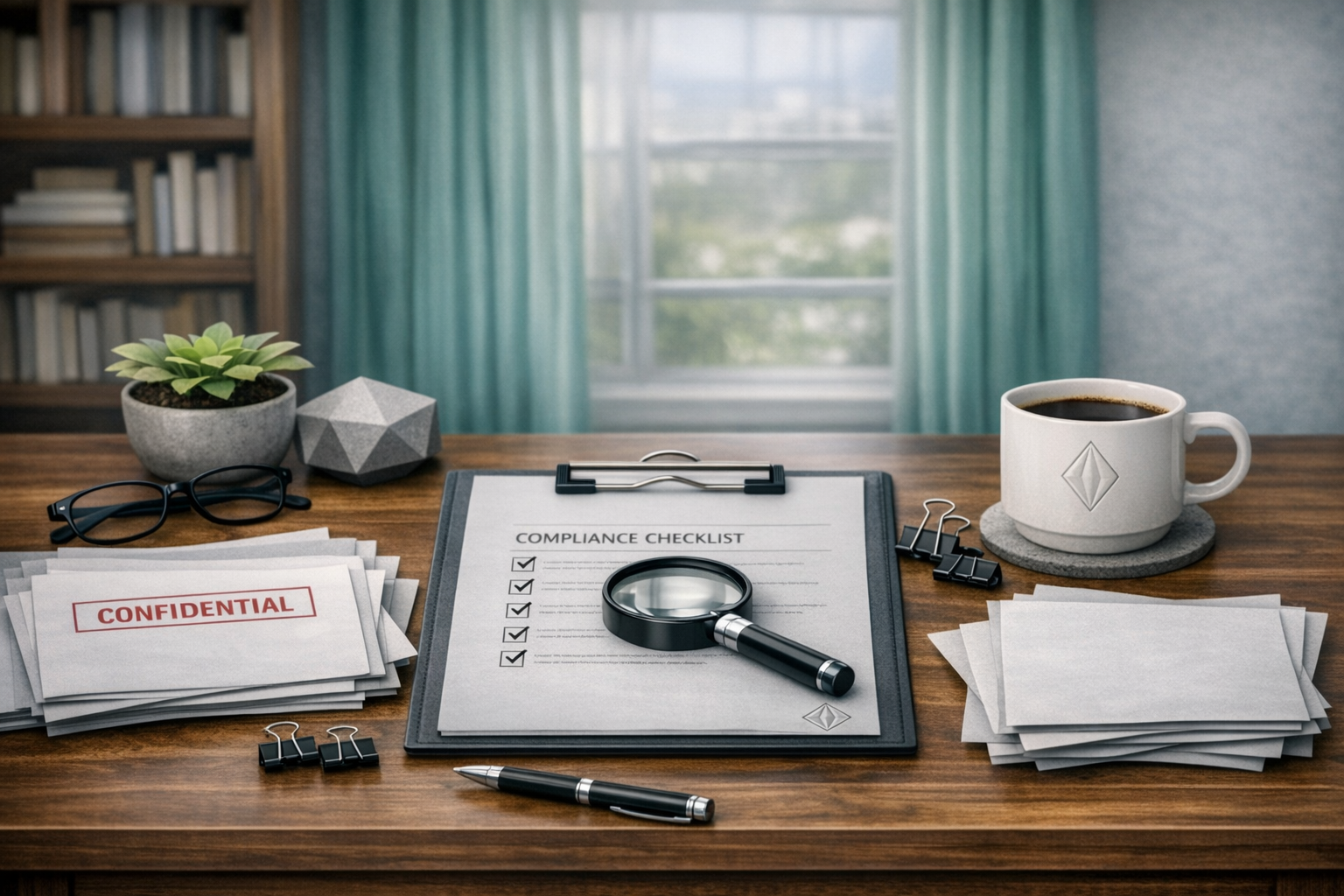 compliance checklist document sitting on top of a wooden desk