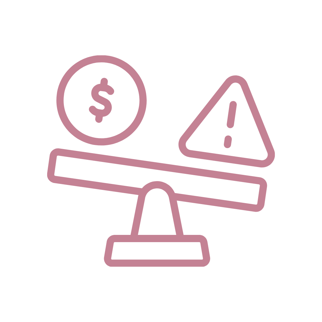 image of pink balance weight with money sign on left side and caution sign on right side.