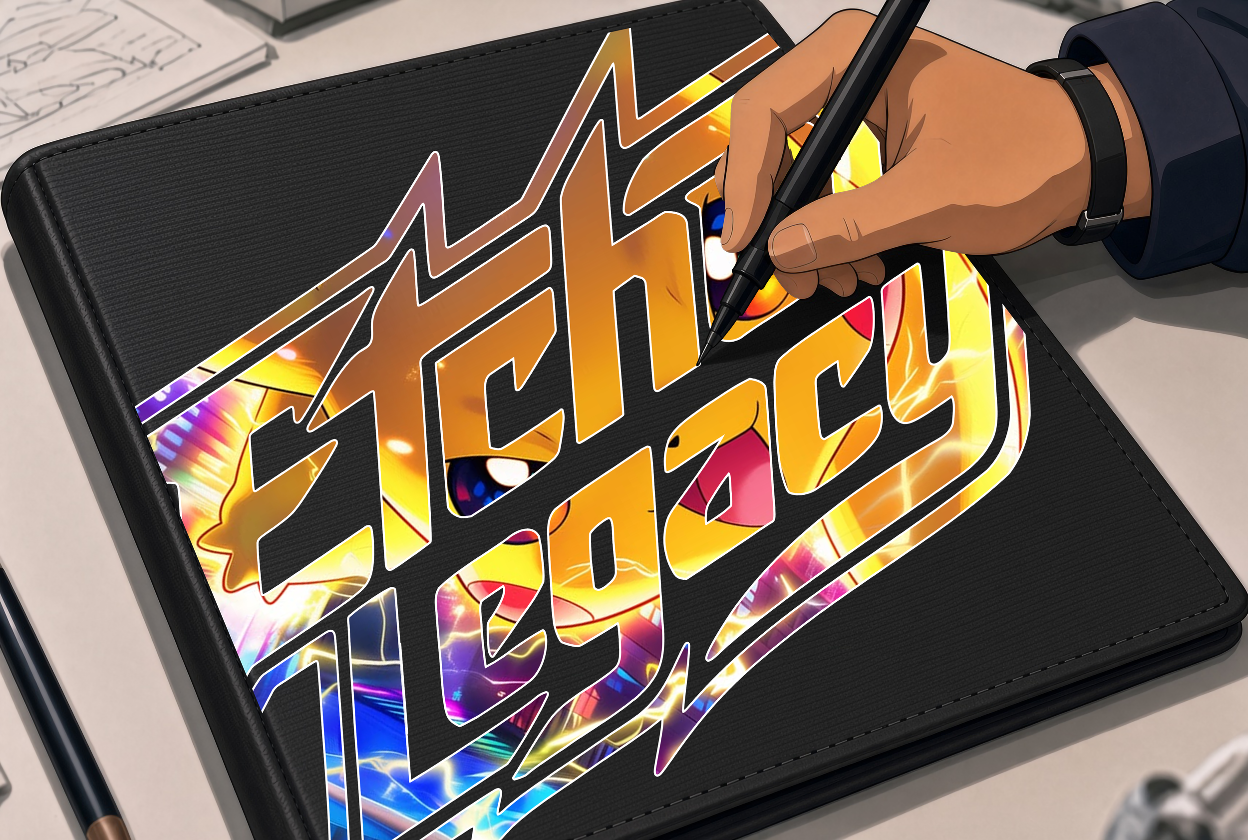 A person is drawing a vibrant, colorful superhero comic book cover on a tablet with a stylus. The cover features bold, jagged lettering and electric lightning effects.