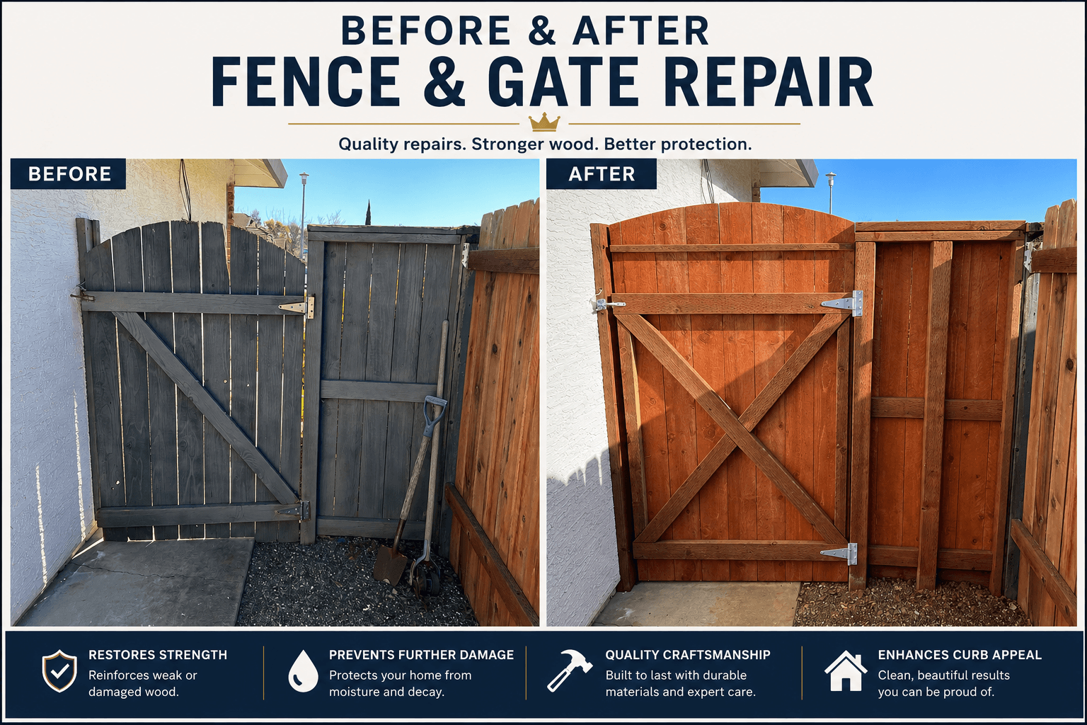 "Before and after fence and gate repair project completed by All About Carpentry Inc. in Stockton, California, showing replacement of weathered wood fencing and a newly restored gate."